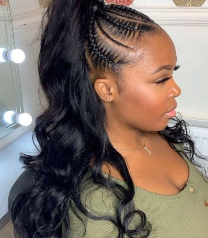 Low braided ponytail with stitch weave